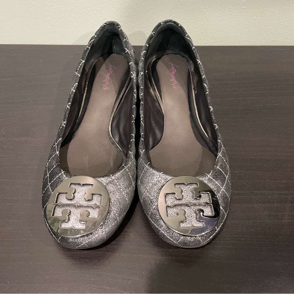 Tory Burch Flats Silver/Gray Quilted Pattern